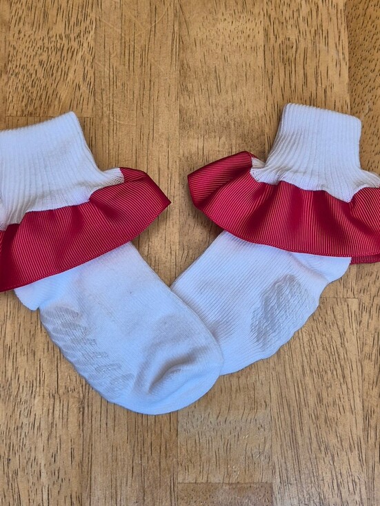 Hand Crafted Other - Kids White With Red Ribbon Ruffle Socks Sz 12 - 24 Months Handmade